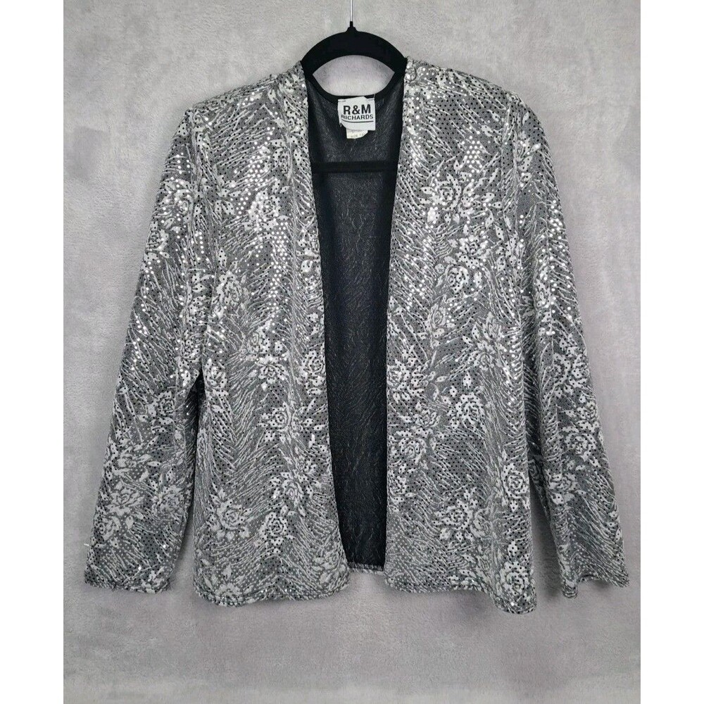 R&M Richards Silver Cardigan Jacket Sz 12 Floral Shimmer Sequin Evening Formal